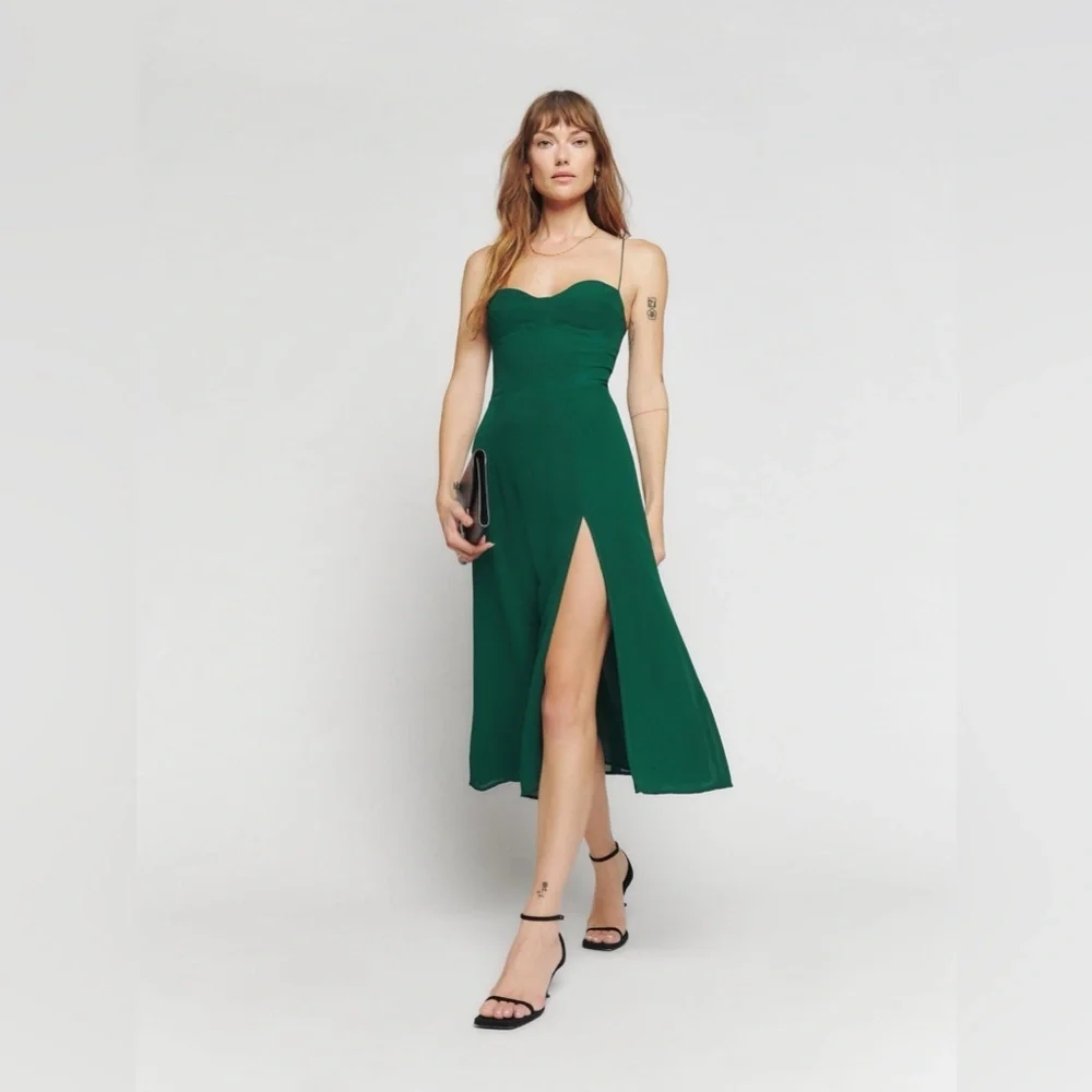 NEW Reformation Juliette Dress in Emerald Dark Green Side Slit | size 6 - Picture 3 of 11